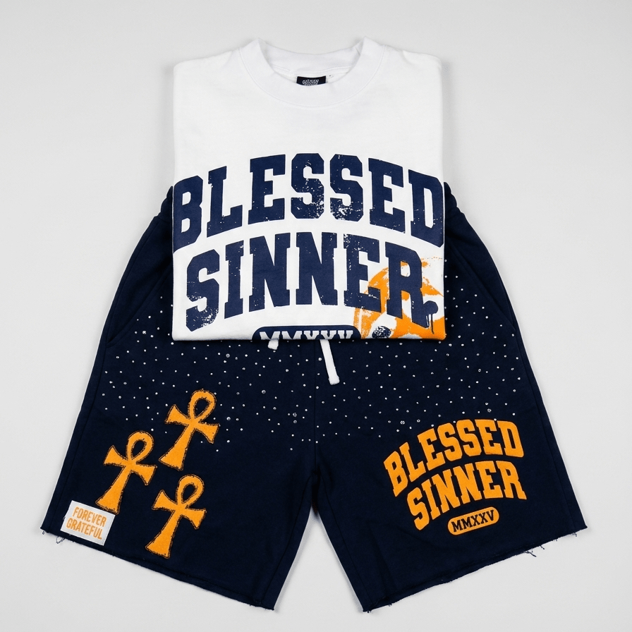 Rhinestones Fleece Shorts — Navy/Orange - Blessed Sinner