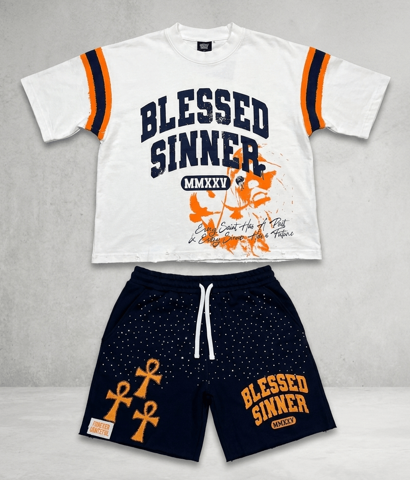 Navy Summer Set – Oversized Varsity Tee & Distressed Shorts - Blessed Sinner