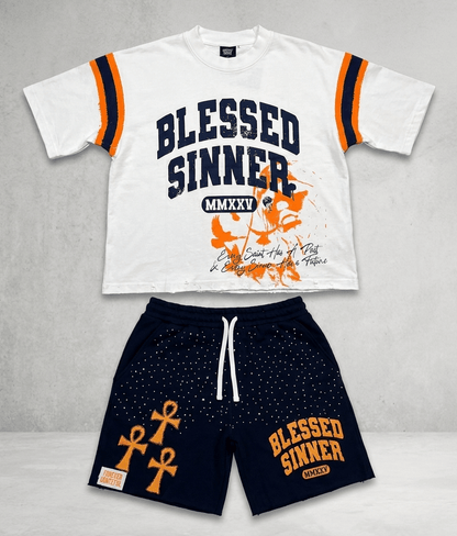 Navy Summer Set – Oversized Varsity Tee & Distressed Shorts - Blessed Sinner