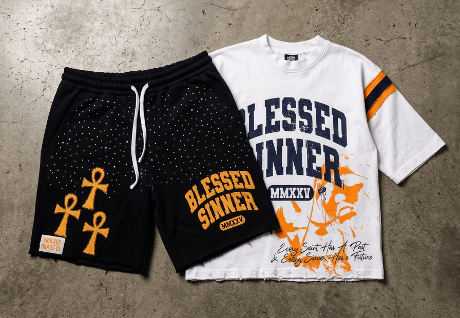 Navy Summer Set – Oversized Varsity Tee & Distressed Shorts - Blessed Sinner