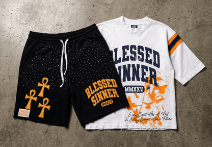 Navy Summer Set – Oversized Varsity Tee & Distressed Shorts - Blessed Sinner