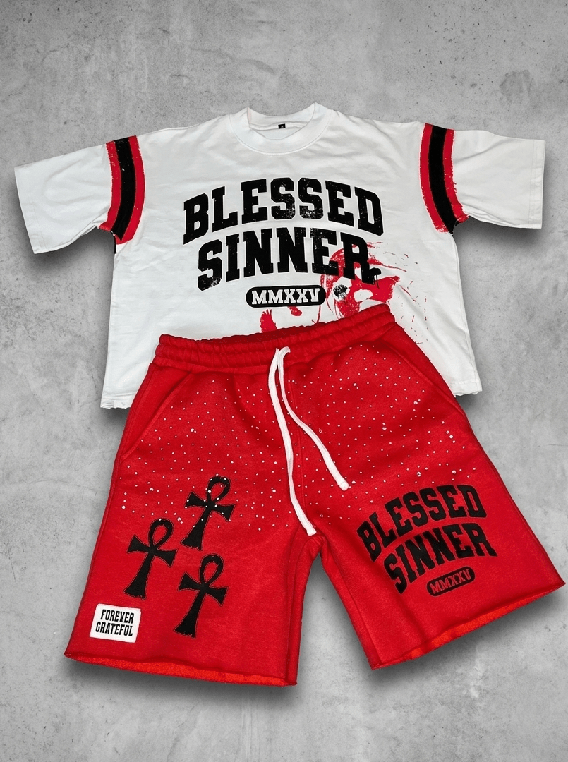 Red Summer Oversized Varsity Tee & Rhinestone Shorts Set - Blessed Sinner