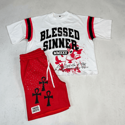 Red Summer Oversized Varsity Tee & Rhinestone Shorts Set - Blessed Sinner