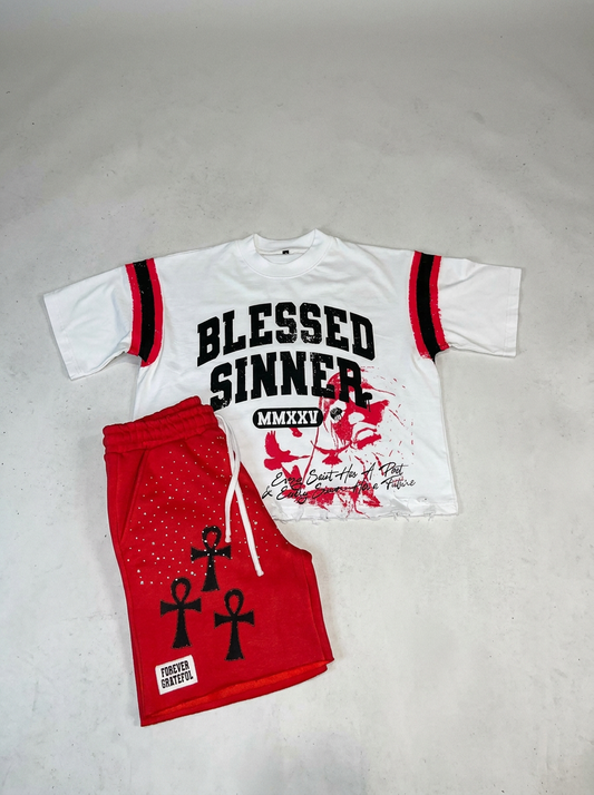 Blessed Sinner Red Summer Set — Varsity Tee + Shorts