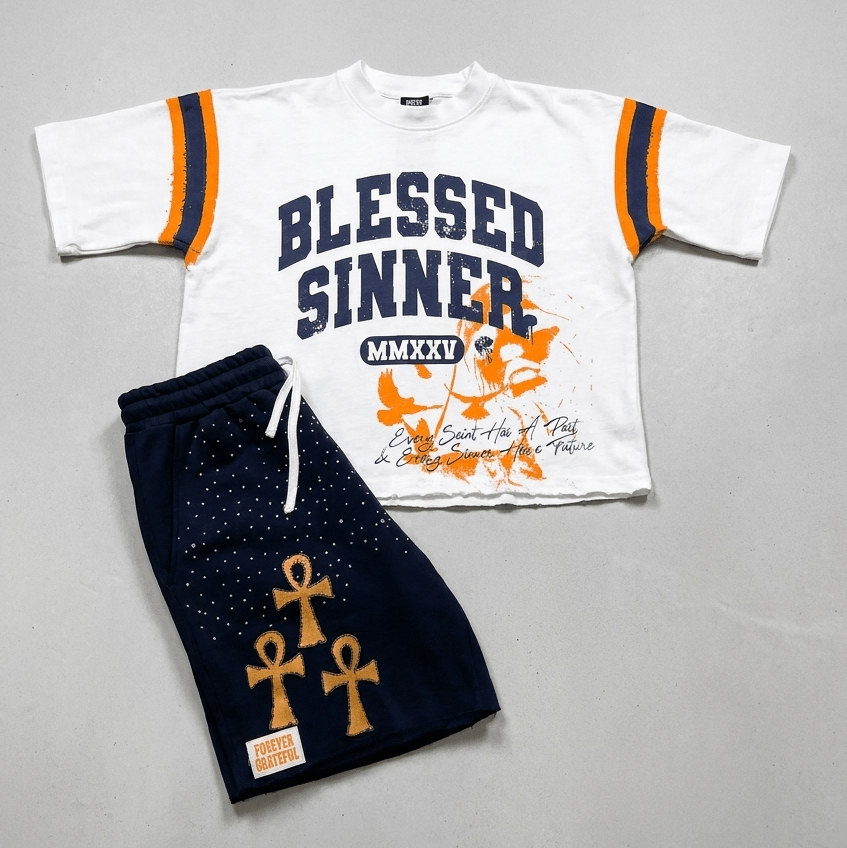 Navy Summer Set – Oversized Varsity Tee & Distressed Shorts - Blessed Sinner