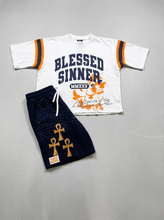 Blessed Sinner Navy Summer Set — Varsity Tee + Shorts