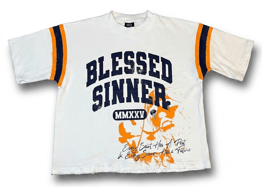 Blessed Sinner Varsity Tee — White/Navy/Orange - Blessed Sinner