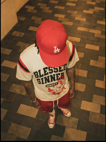 Red Summer Oversized Varsity Tee & Rhinestone Shorts Set - Blessed Sinner