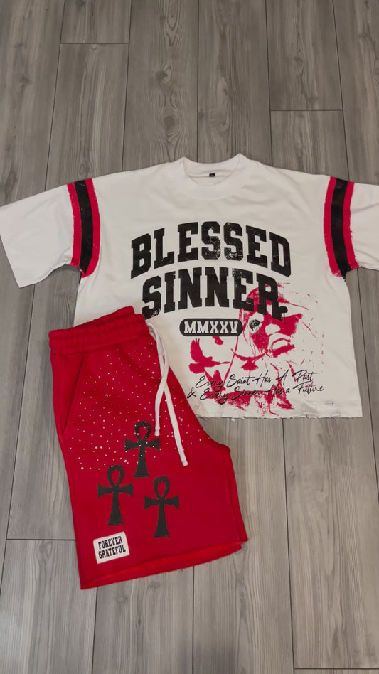 Red Summer Oversized Varsity Tee & Rhinestone Shorts Set